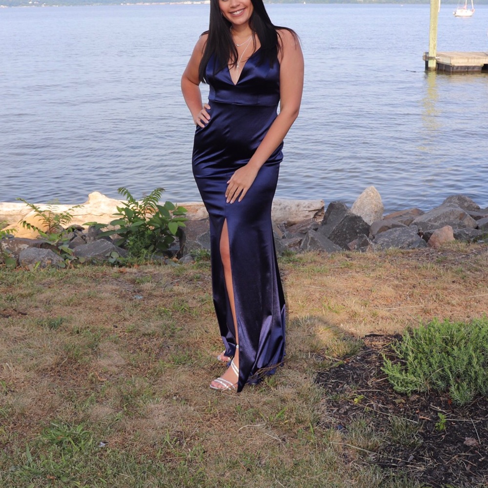 ONLY WORN ONCE! SATIN CROSS STRAP PROM DRESS! - Picture 2 of 3